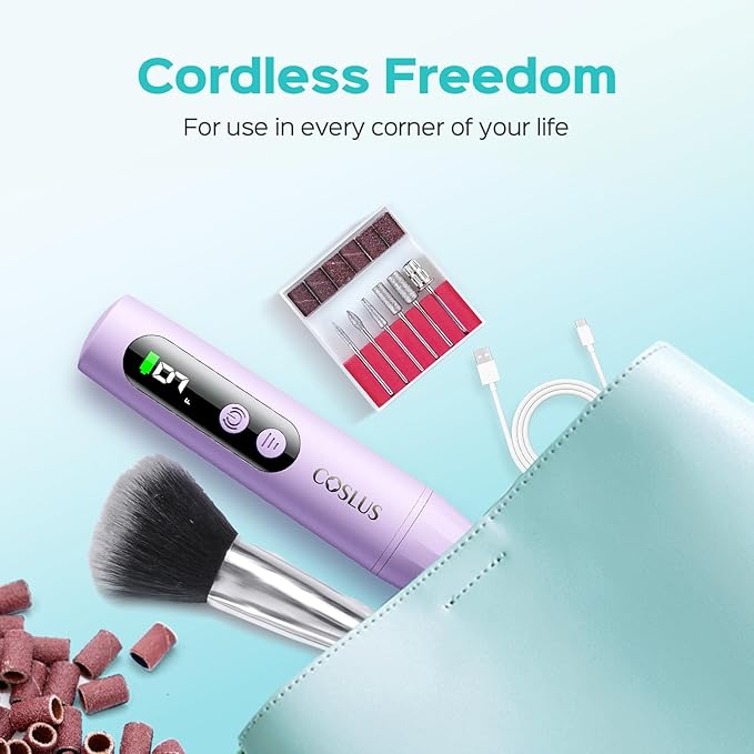 COSLUS C52 Electric Cordless Nail Drill: Professional Nail File kit with LED Screen for Acrylic Gel Powder. Portable for Home DIY & Salon Use. Manicure Pedicure for Beginners, Women, Travel, Purple