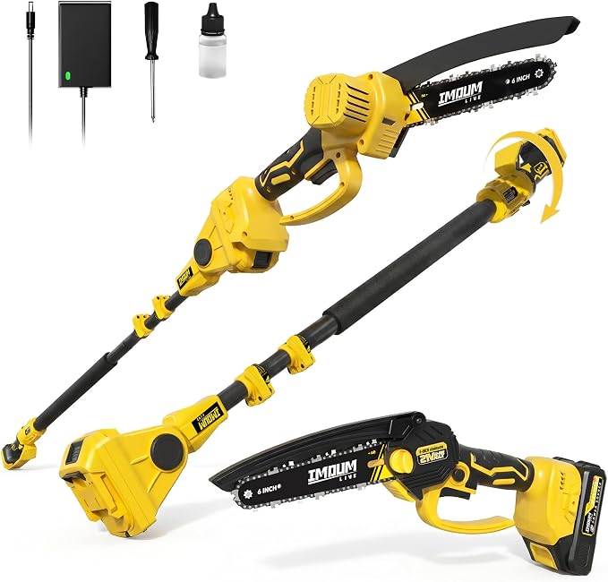 IMOUMLIVE 6-Inch Cordless Pole Saw & Mini Chainsaw 21V 2.0Ah Battery | 2-in-1 Tree Trimmer, Electric Pole Saws for Tree Trimming, Lightweight, Small Handheld Chainsaw, Rotatable Extension Pole