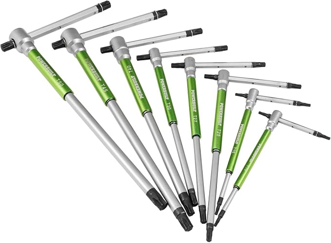 Powerbuilt 9 Pc Torx Star T-Handle Hex Allen Key Wrench Set w/ Speed Sleeves for Fast Spinning Action, Sliding Top Handle for “T” or “L” Shape, Long Shafts, Storage Rack, Auto, Bicycle, Moto - 941646