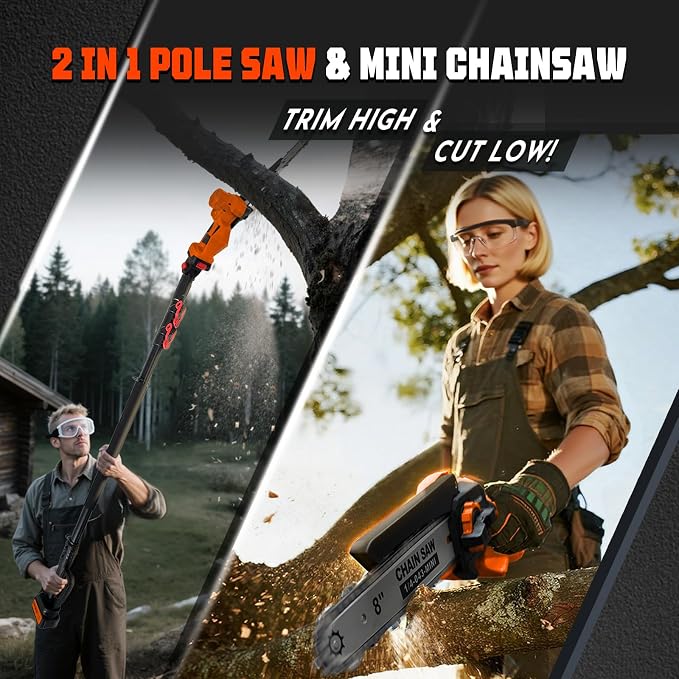 2-in-1 Electric Pole Saw for Tree Trimming,1200W Brushless Cordless Pole Saw & 8 Inch Mini Chainsaw with 2 x 4.0Ah 21V Batteries,16 FT Max Reach & Multi-Angle, Tree Trimmer for Branch Cutting.