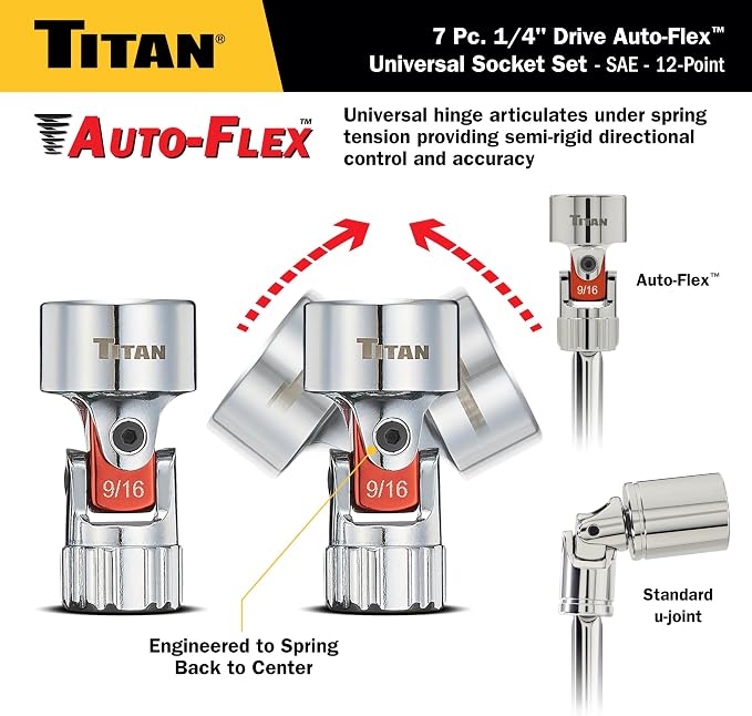 Titan 66860 7-Piece 1/4-Inch Drive SAE Auto Flex Universal Socket Set, 12-Point, 3/16-Inch to 9/16-Inch