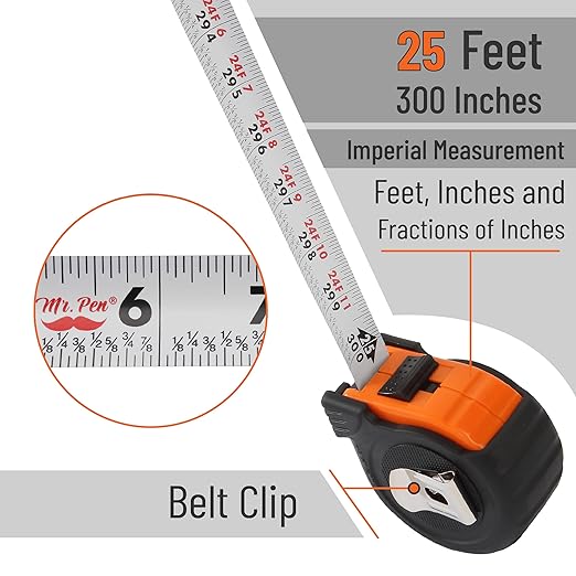 Mr. Pen- Retractable Tape Measure 25 ft, 2 Pack, Orange, Easy Read, Steel Retractable Measuring Tape with Fractions, Ideal for Construction & DIY Projects
