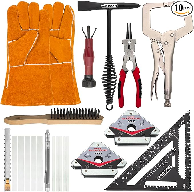 VASTOOLS MIG Welding Tools,10pc,Chipping Hammer,Leather Welding Gloves,Speed Square,Welding Clamp,Soapstone Holder,Welding Magnet,Welpers Pliers,MIG Nozzle Reamer,Wire Brush