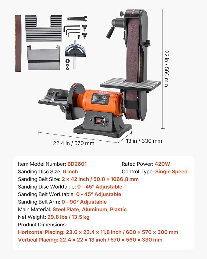 VEVOR 6" Disc Sander & 2" x 42" Belt Sander, 420W Professional Bench Belt Disc Sanders Combo with Multiple Angle Adjustments for DIY Woodworking, Furniture Refinishing, Knife Sharpening