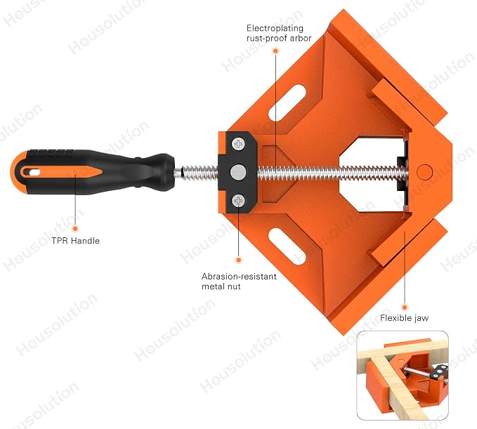 Housolution Right Angle Clamp, [2 PACK] Single Handle 90°Aluminum Alloy Corner Clamp, Right Angle Clip Clamp Tool Woodworking Photo Frame Vise Holder with Adjustable Swing Jaw - Orange