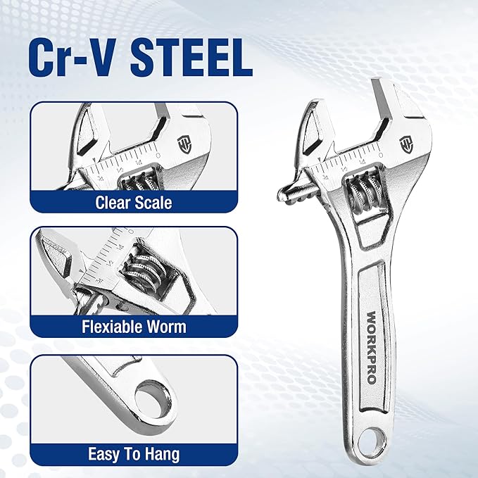 WORKPRO Adjustable Wrench, 4-inch Heavy Duty Spanner with Inch/Metric Scale, Premium Cr-V Steel, Chrome Plated