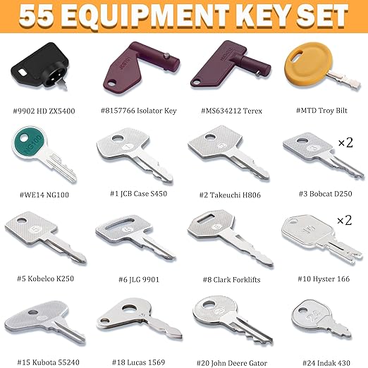 55 Heavy Equipment Keys Master Set Construction Equipment Manufactures Machinery Ignition Key for CAT Caterpillar JCB Komatsu John Deere Volvo Takeuchi Hitachi Kubota Case New Holland Hyster Yanmar