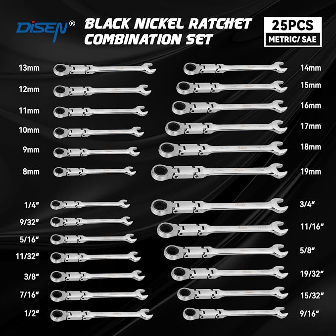 DISEN Ratcheting Wrench Set 25pcs, Flex Head Ratchet Wrenches Double Foldable, Metric 8-19mm and SAE 1/4'' -3/4'', 72-Teeth, Cr-V Steel,12 Point Combination Wrench set with Heavy Duty Case