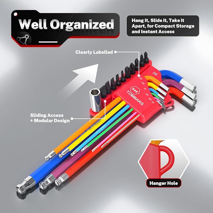TOMMARS 18-PC Magnetic Ball End Allen Wrench Set, Extra Long & Color Coded | Extra Long Arm, Color Coded, S2 Steel, SAE(1/16"-3/8"), Metric(1.5mm-10mm), Including Bits & Adapter