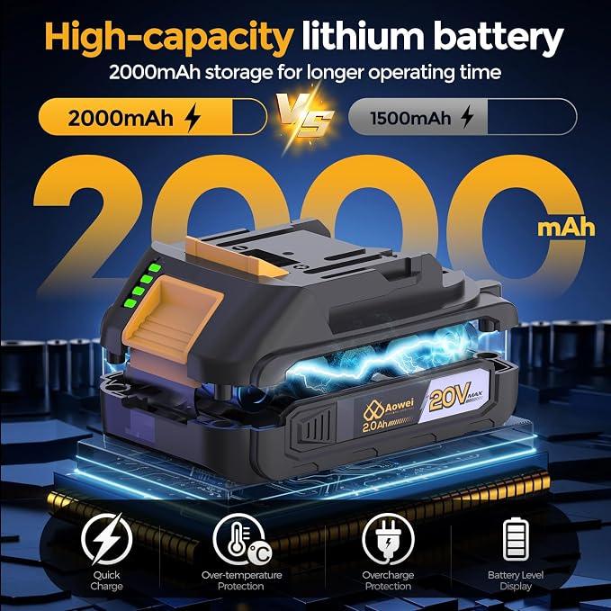 20V Brushless Cordless Lithium-Ion Drill Set, Compact Design, Gray Rechargeable Lithium-Ion Drill Kit, including 2.0Ah Battery, Charger and 3/8-inch Keyless Chuck