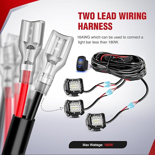 Nilight 16AWG LED Light Bar Wiring Harness Kit - 3 Leads Blue | 12V On Off 5Pin Rocker Switch Laser Waterproof Toggle Power Relay Blade Fuse for Cars Boat ATV Trucks