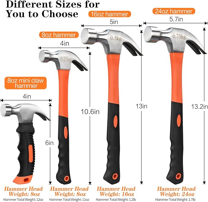 2pcs 16oz Claw Hammer, Straight Rip Claw Hammer, Fiberglass General Purpose Hammer with Smooth Face & Non-slip Grip