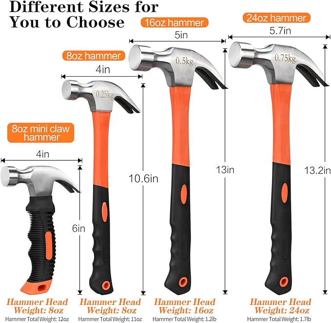 8/16/24oz Straight Rip Fiberglass General Purpose Claw Hammer, with Smooth Face & Non-slip Grip