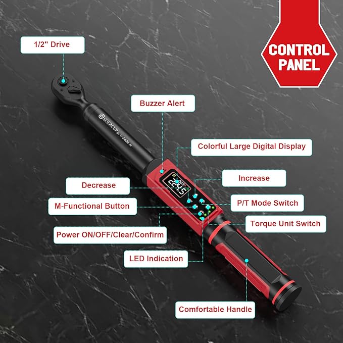 SUERCUP 1/2-inch Digital Torque Wrench(3.8-250.8Ft.Lb/5.1-340Nm) ±1% Accuracy Digital Torque Wrench with Vibration, Buzzer,LED Notification and Five Units of Measure, for Car,Motorcycle Repair, DIY