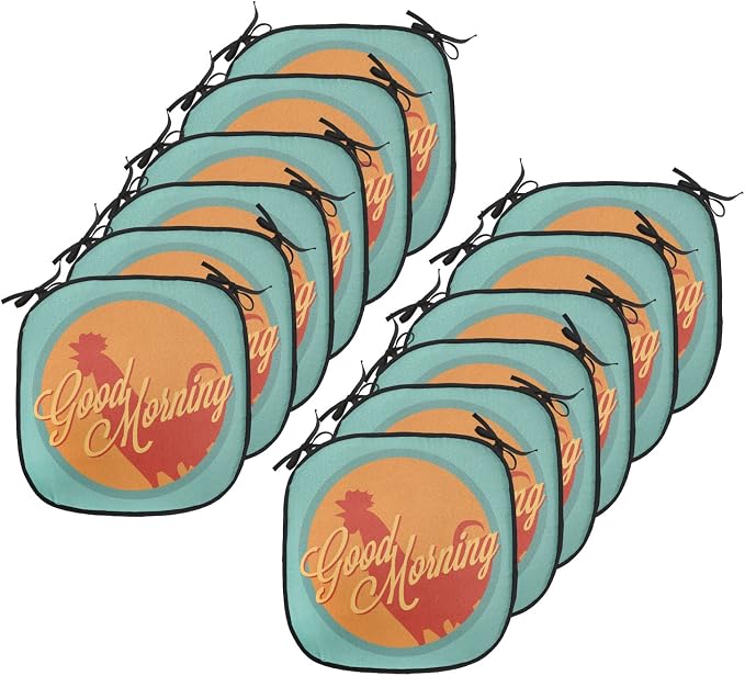 Lunarable Gallus Chair Cushion Pads Set 12, Rooster and Sun Morning Vintage Agriculture Sunrise Farm Landscape, Anti-Slip Seat Padding for Kitchen & Patio, 16"x16", Turquoise Orange Ruby