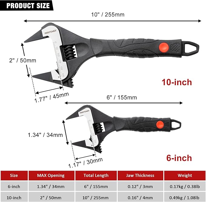 MAXPOWER Slim Adjustable Wrench Set, 6" & 10" Wide Jaw Opening, Dual Scale With Metric and SAE Plumbing Wrenches, Deep Jaw With Soft Grip Handle