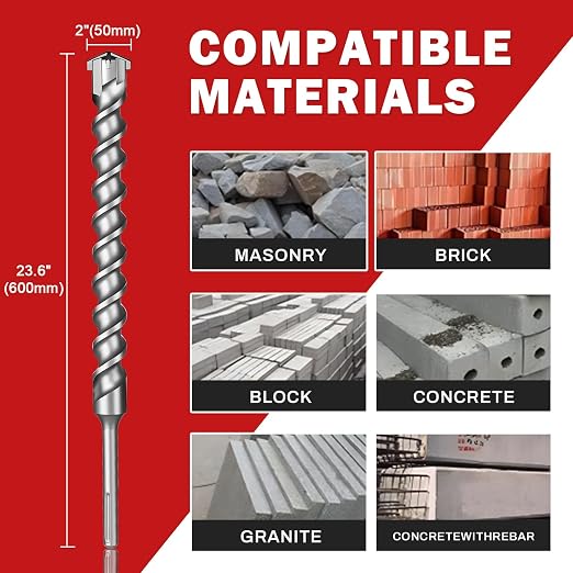 2" x 24" SDS Max Cross-Tip Rotary Hammer Drill Bit with Storage Tube – Heavy Duty Concrete Drill Bit for Masonry, Brick, and Stone, Upgraded Heat-Treated Carbide Head for Durability