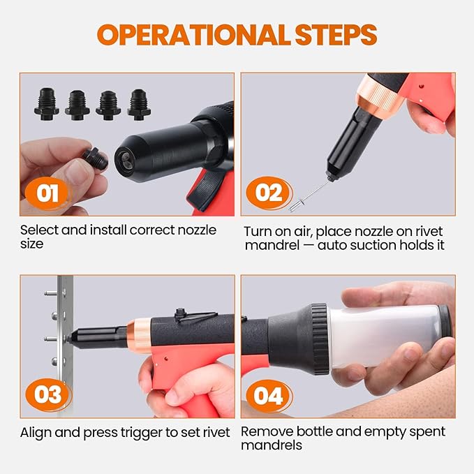 Pneumatic Rivet Gun Air Pop Riveter Tool Kit with 3/32", 1/8", 5/32", 3/16" Rivet Nozzles, Self-Suction Pneumatic Riveting Gun, Upgraded Air Riveter Hydraulic Pop Riveting Rivets Tool