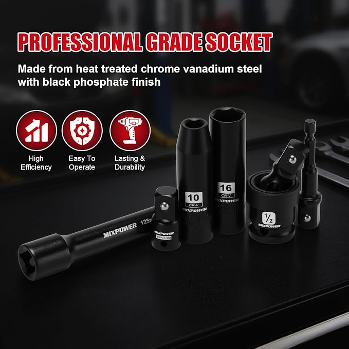 MIXPOWER 33 PCS 1/2” Drive Impact Socket Set, 10 to 36mm Deep Socket, 6-Point Hex Socket with Portable Case,Metric,CR-V&CR-MO Steel