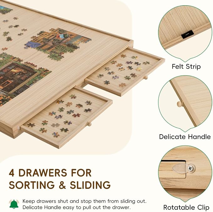 TEAKMAMA 27.6"H 1500Pcs Puzzle Table with Legs,4 Drawers for Adults,Natural | 34.3" W x 26.5" D Wood Folding Jigsaw Puzzle Board with Protective Cover