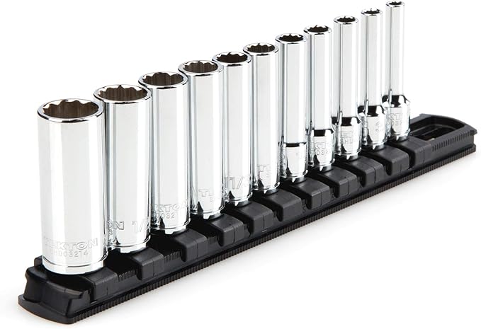 TEKTON 1/4 Inch Drive 12-Point Socket Set, 11-Piece | SHD90107 | (5/32 - 9/16 in.), Deep, Socket Rail