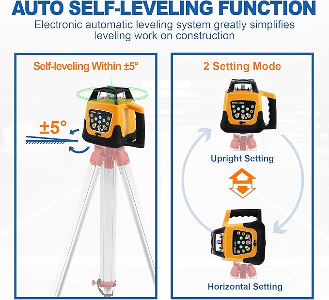 Rotary Laser Level Kit, 360 Degree Automatic Self Leveling Green Beam Horizontal Laser Transit, 500m Working Range for Construction, Building, Surveying