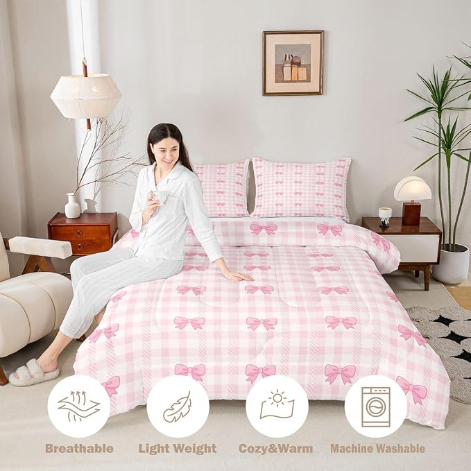 Feelyou Pink Bow Checkered Comforter Set Queen Size Chic Grid Bowknot Bedding Set for Kids Boys Girls Princess Duvet Quilt Bedroom Decor Microfiber 3 Pcs with 2 Pillow Cases