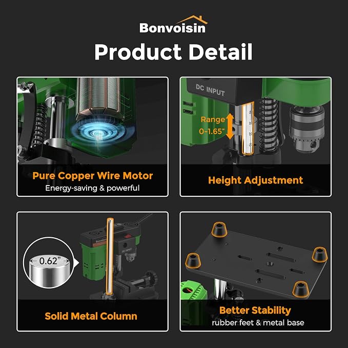 Bonvoisin Mini Drill Press with Vise Benchtop Drill Press Chuck Capacity 0.6-6.35MM Drilling Machine for Craft and Home