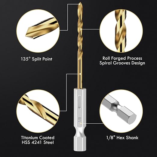 Drill Bit Set, 16Pcs 1/8" Titanium Twist Drill Bit for Sheet Metal, Wood, Plastic, Quick Change Design