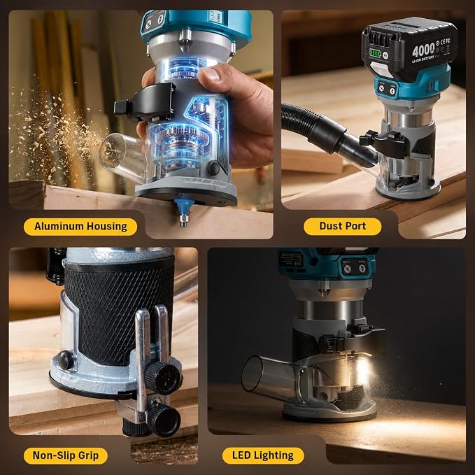 SEESII Cordless Jigsaw and Wood Router Tool Combo Kit | with Batteries and Charger, Brushless Aluminum Palm Router, 0-45° Bevel Jig Saw, Adjustable Speed for Cutting & Trimming