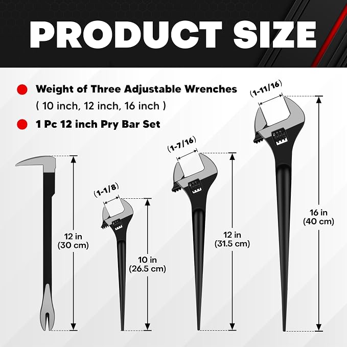 C&T 3-Piece Adjustable Spud Wrench and Pry Bar Set, 10In, 12In, 16In, Spud Wrench, Nail Puller, Claw Bar, Cats Paw Nail Puller, Universal Wrenches, CR-V, Suitable for Home Renovation and Woodworking