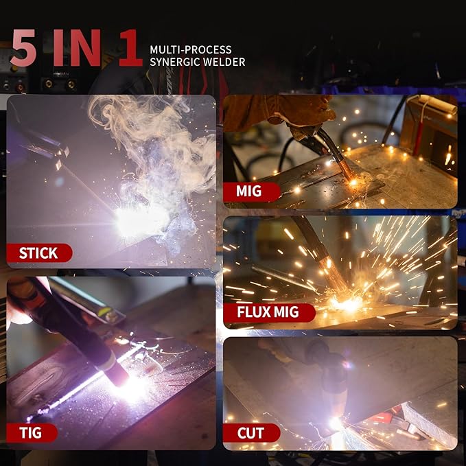 Plasma Cutter Welder Combo Gas MIG/Gasless MIG/HF TIG/Stick/CUT 5 in 1 Aluminum Welding Machine with 110V/220V Dual Voltage Multi Process Welder