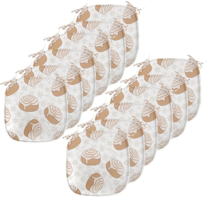 Lunarable Cinnamon Chair Seating Cushion Set of 12, Floral Pattern with Floating Tasty Rolls Dessert Bakery Themed Pattern, Anti-Slip Seat Padding for Kitchen & Patio, 16"x16", Sand Brown Champagne