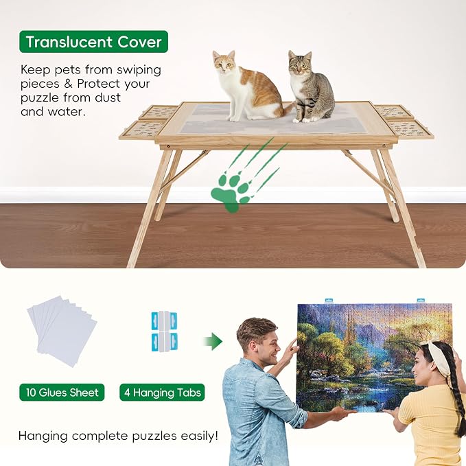 TEAKMAMA 27.6"H 1500Pcs Puzzle Table with Legs,4 Drawers for Adults,Natural | 34.3" W x 26.5" D Wood Folding Jigsaw Puzzle Board with Protective Cover