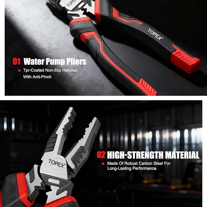 TOPEX 4 Piece Pliers Set with Ergonomic Non-Slip Handle (190 mm Diagonal Cutters, 200 mm Combination Pliers, 200 mm Long Nose Plier, 250 mm Water Pump Plier) for Demanding Tasks & Home Use