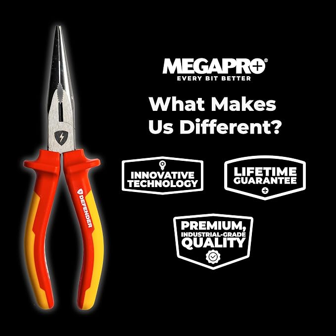 MEGAPRO® DEFENDER Pliers | 1000V VDE Certified | 8.5" Long | Insulated | Electricians Tools (Needle Nose)