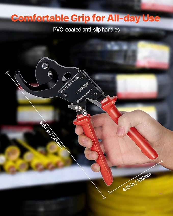 VEVOR Ratcheting Cable Cutter, Spring Steel Blades with PVC-Coated Handles, Quick-Release Button, Heavy Duty Ratchet Cable Wire Cutter for Cutting Copper & Aluminum Cables Up to 600 MCM / 300 mm²