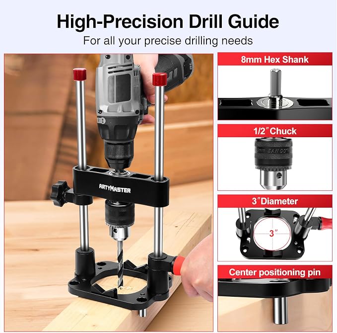 ArtyMaster Portable Drill Guide for Straight Holes – Precision Drilling Jig with Chuck Key, Drill Guide Attachment, Portable Drill Press Adapter for Woodworking, WT116A