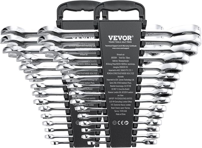 VEVOR Ratcheting Wrench Set, 30-Piece Combination Wrench Set, 72 Teeth | SAE 1/4" to 1", Metric 8 mm to 24 mm, Cr-V Steel, with Organizer Rack, for General Household, Garage, Workshop, Emergency