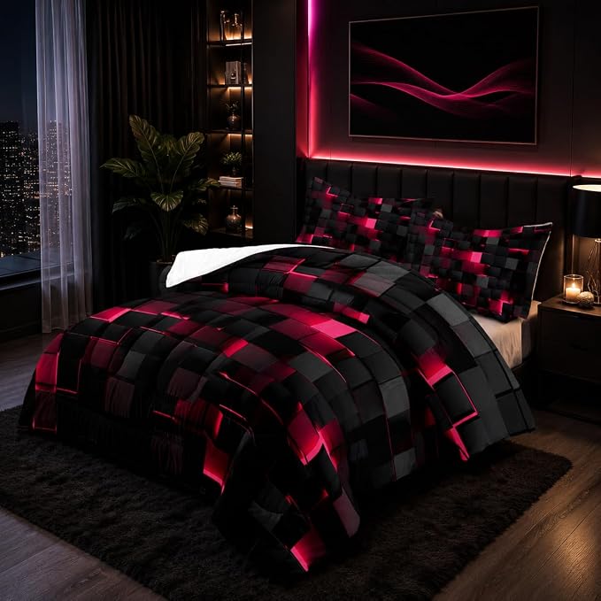 Nttopship Geometric Pink Black Comforter Set,Light Honeycomb 3 Piece Bedding Set King Size for Teen Boys,Modern Quilt Set Geometry Decor,Microfiber Lightweight 1 Comforter 2 Pillowcases All Season