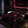 Nttopship Geometric Pink Black Comforter Set,Light Honeycomb 3 Piece Bedding Set Queen Size for Teen Boys,Modern Quilt Set Geometry Decor,Microfiber Lightweight 1 Comforter 2 Pillowcases All Season