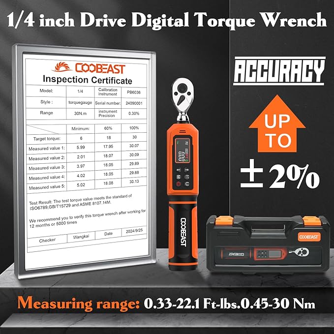 coobeast Digital Torque Wrench 1/4 Drive, 0.33-22.1 Ft.lbs./0.45-30Nm Range, Electronic Torque Screwdriver with Dual Direction Ratchet, Buzzer and LED Alert for Bicycle, Bike, DIY and Home Repair