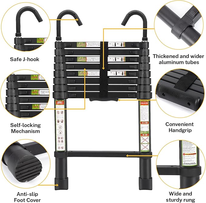 RIKADE Telescopic Ladder, 8.5 ft Aluminum Telescoping Ladder with Non-Slip Feet and Stable Hook, Portable Extension Ladder for Household and Outdoor Working, Max Load 330 lb, Black