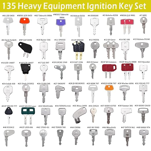 135PCS All-Inclusive Heavy Equipment Keys Master Set, Full Coverage Keys for JCB Bobcat JLG Terex Cat Komatsu John Deere Yammar Takeuchi Ford New Holland Case Daewoo Kubota Hyster Construction Machine
