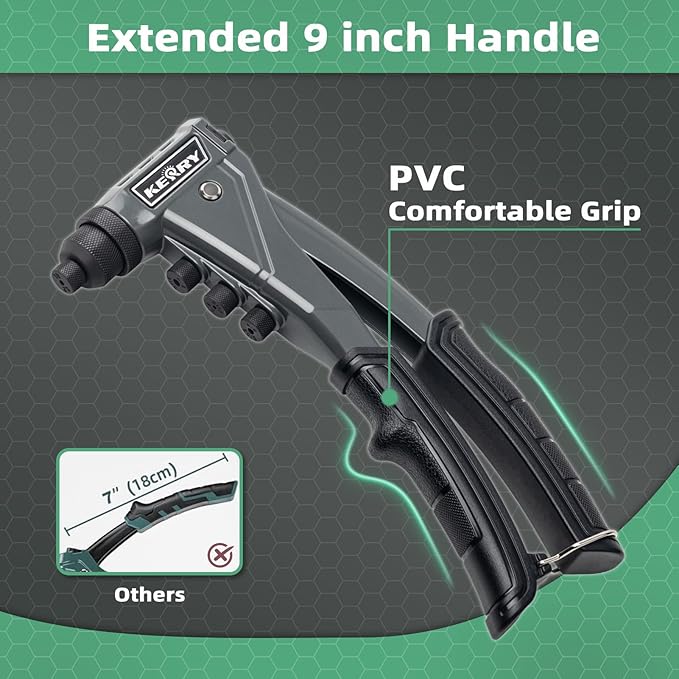 Kerry One-Handed Pop Rivet Gun Set - 9.6" Extended Ergonomic Handle, 4 Tool-Free Interchangeable Heads, 200 Aluminum Rivets (3/32" 1/8" 5/32" 3/16"), Professional Manual Riveting Tool for Metal Work