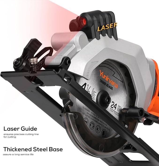Yunirvana Mini Circular Saw, 20V 3400RPM Professional Cordless Circular Saw, Adjustable Angle and Depth,Max Cutting Depth 1-2/3"(90°), 1-1/8"(45°), Laser Guide, Rip Guide