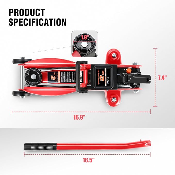 DNA Motoring Floor Jack 2 Ton (4000 lbs) Capacity, Fast Lift Low Profile Hydraulic Trolley Jack, Steel Heavy-Duty Service Car Jack, Lifting Range 5.1"-13", Red, TOOLS-00234-RD