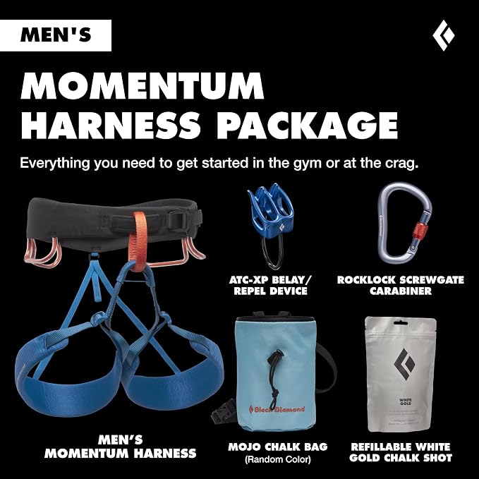 BLACK DIAMOND Men's Momentum Rock Climbing Harness, Adjustable Loops | trakFIT leg loops, pre-threaded buckle, gear loops organize quickdraws, cams, belay tools, and essentials