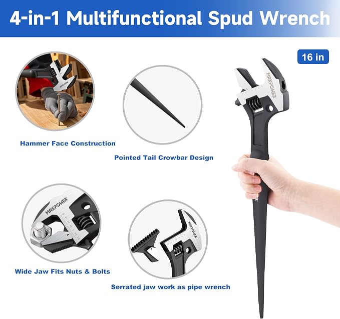 MAXPOWER Spud Wrench Set, 16" 4-in-1 & 12" Spud Wrench, Tether Hole, Cr-V | 16" Multi-Purpose Design ( Striking, Gripping, Aligning & Prying ), Tether-Ready Design, Smooth Jaw Adjustment, Easy Storage
