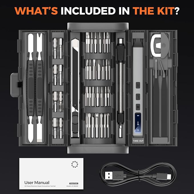 UF-TOOLS Mini Electric Screwdriver, 83 in 1 Cordless Rechargeable Small Power Screwdriver Set with 72 Bits, Led Light and Magnetic Mat, Professional Repair Tool for Phone Glasses Watch Camera Laptop